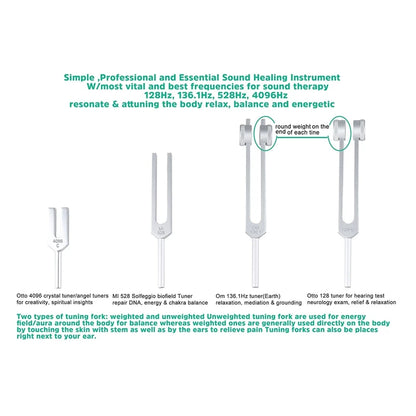 4Pcs Tuning Fork Set(128Hz, OM 136.1Hz, MI 528Hz, 4096Hz),For Healing Chakra,Sound Therapy,Reliever Stress